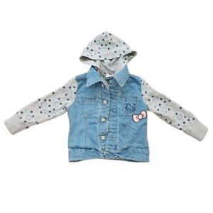 HELLO KITTY BY SANRIO JEAN SWEATER COMBO JACKET WITH HOOD SZ 2T ZIP AND BUTTON'S